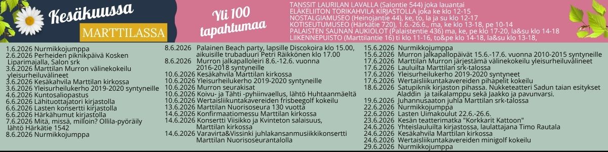 Kansi kesäkuun tapahtumat Marttilan kunnan etusivun kuva, jossa kesäkuun tapahtumat